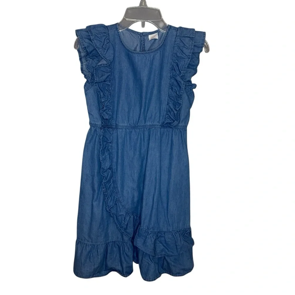 Wonder Nation Girls Chambray Ruffle Dress Blue Size 7/8 Casual Denim Look